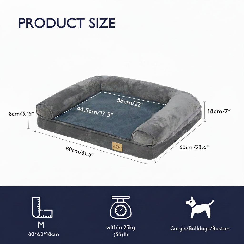 Gray pet bed with measurements on a white background