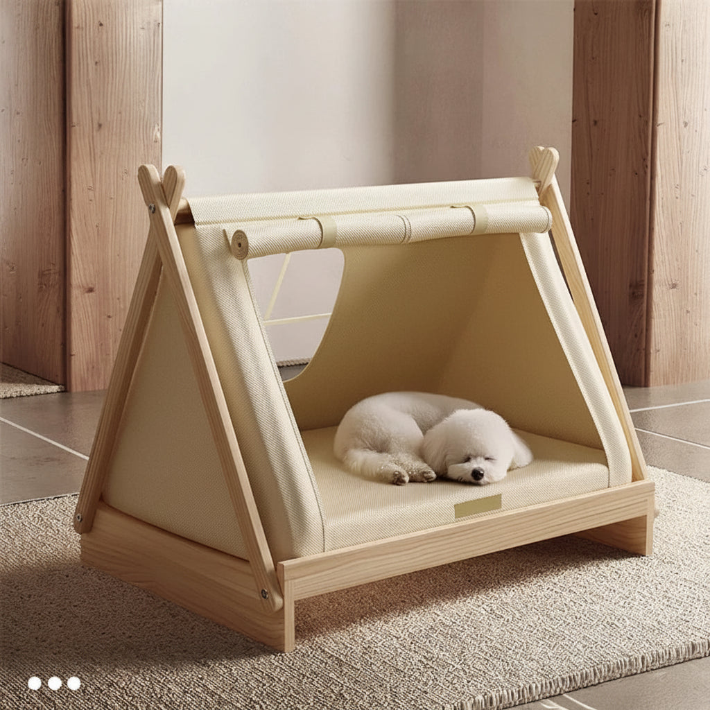 Pet tent bed with a dog inside in a room with wooden walls and a carpeted floor.