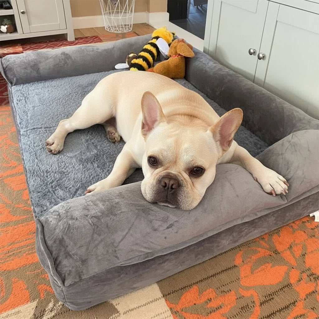Dog lying on a gray pet bed with toys in a home setting