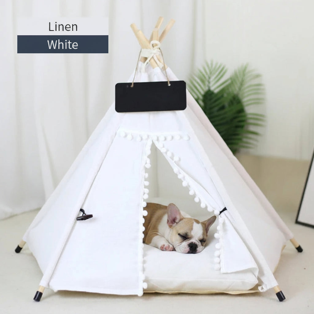 White pet teepee with a dog inside on a light background