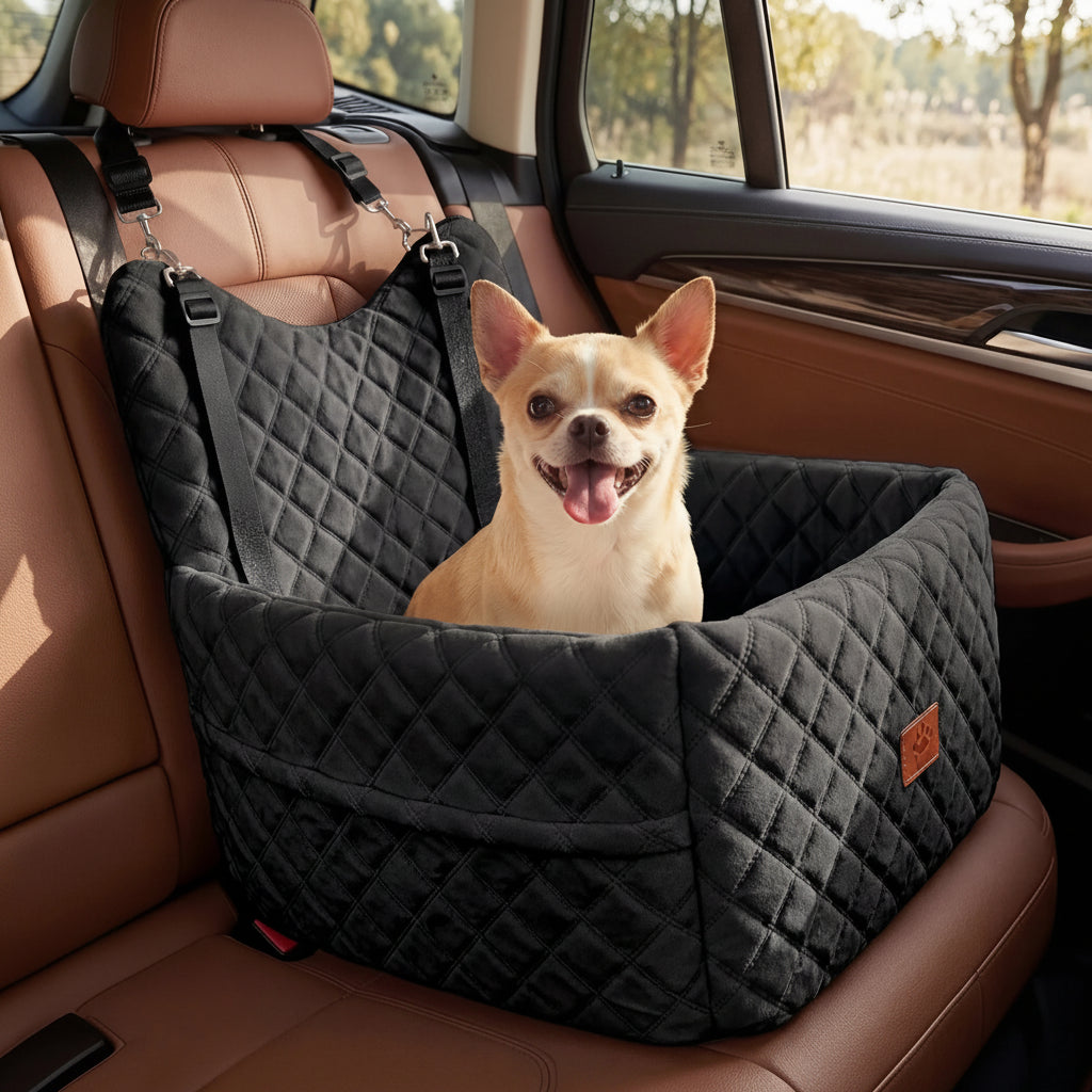 Dog sitting in a quilted pet seat cover inside a car