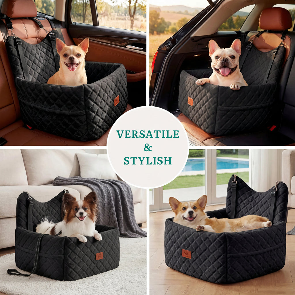 Collage of a black pet car seat with dogs in various settings, emphasizing versatility and style.