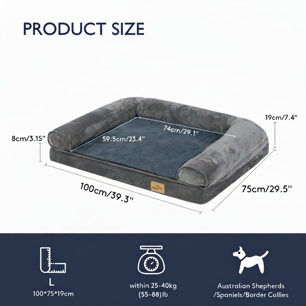 Measurement chart of a gray pet bed with dimensions and size information.