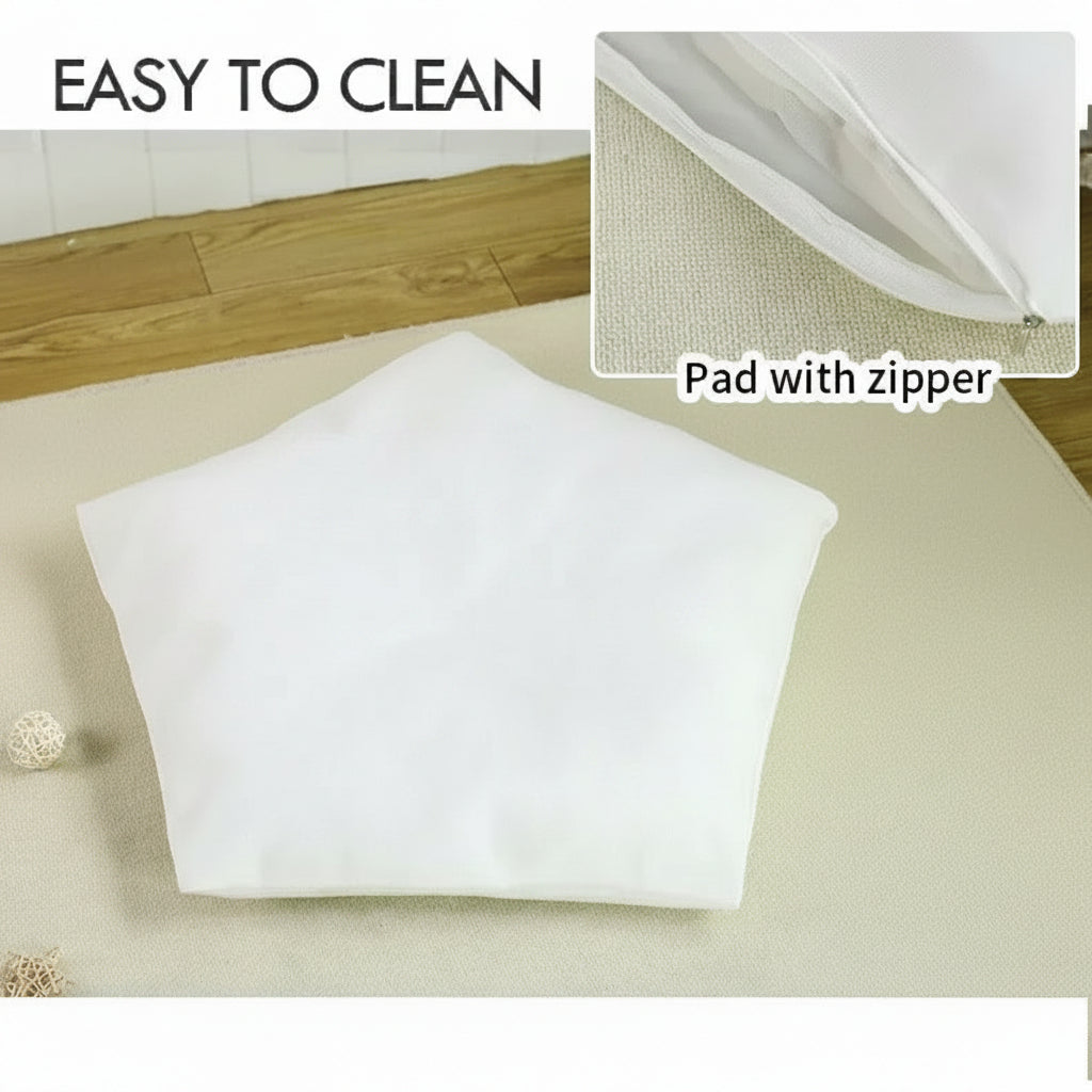 Dog lying on a white pad with zipper, easy to clean feature highlighted.